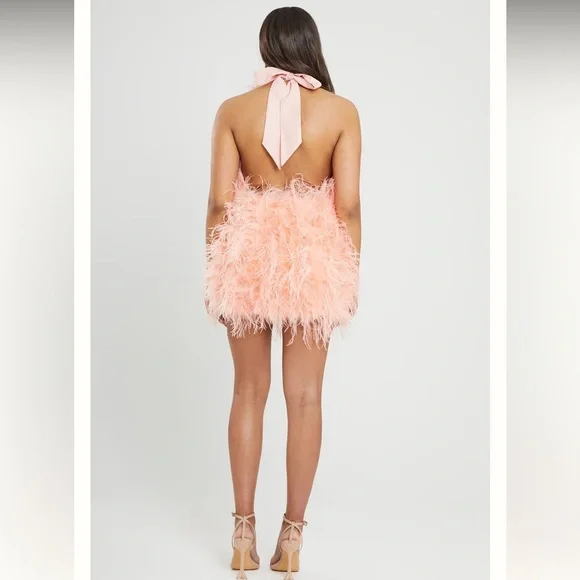 SAFFIYYAH PAUL Ostrich Feather Peach High Neck Open Back Mini Dress M/L Backless